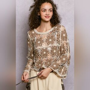 #1370 POL Boheme Crochet Daisy Lace Top - Mocha Multi